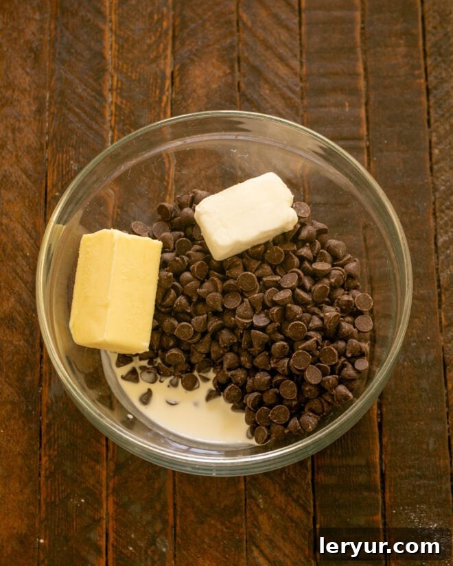 Irresistible Peanut Butter Truffle Brownies 10 Chocolate chips, butter, and shortening in a bowl for ganache.