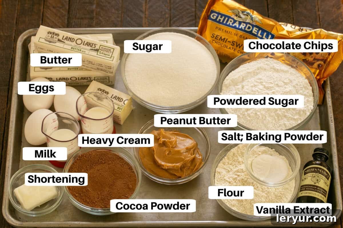 Irresistible Peanut Butter Truffle Brownies 2 All the essential ingredients for Peanut Butter Truffle Brownies, neatly laid out and labeled on a baking sheet, ready for preparation.
