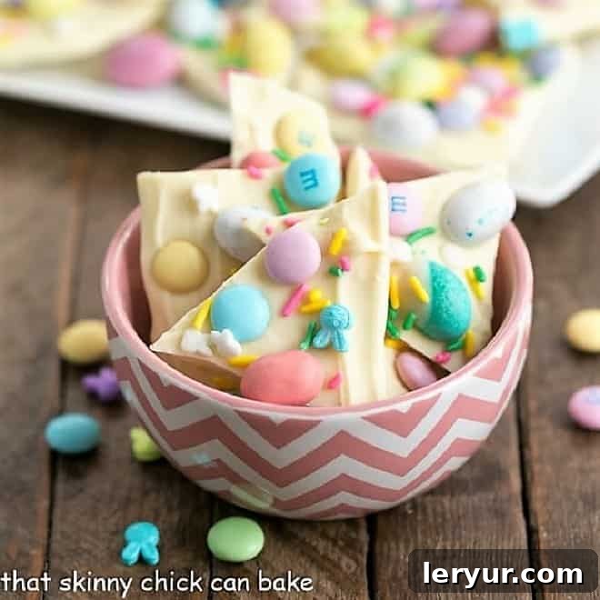 Easy white chocolate Easter bark with M&Ms and sprinkles.