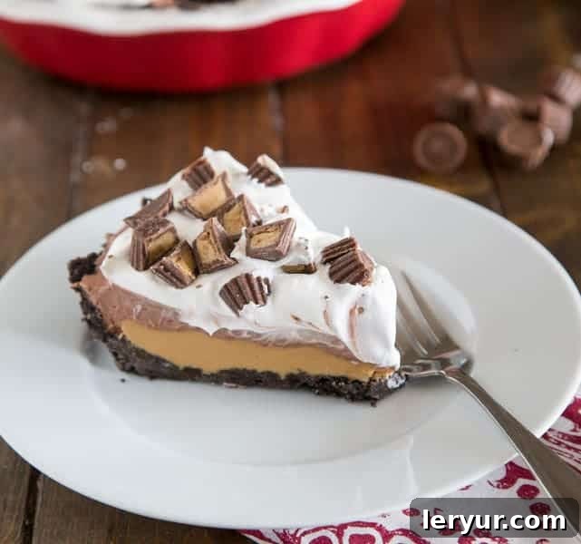 Luscious No Bake Peanut Butter Cup Pie, capturing all the flavors of peanut butter cups.