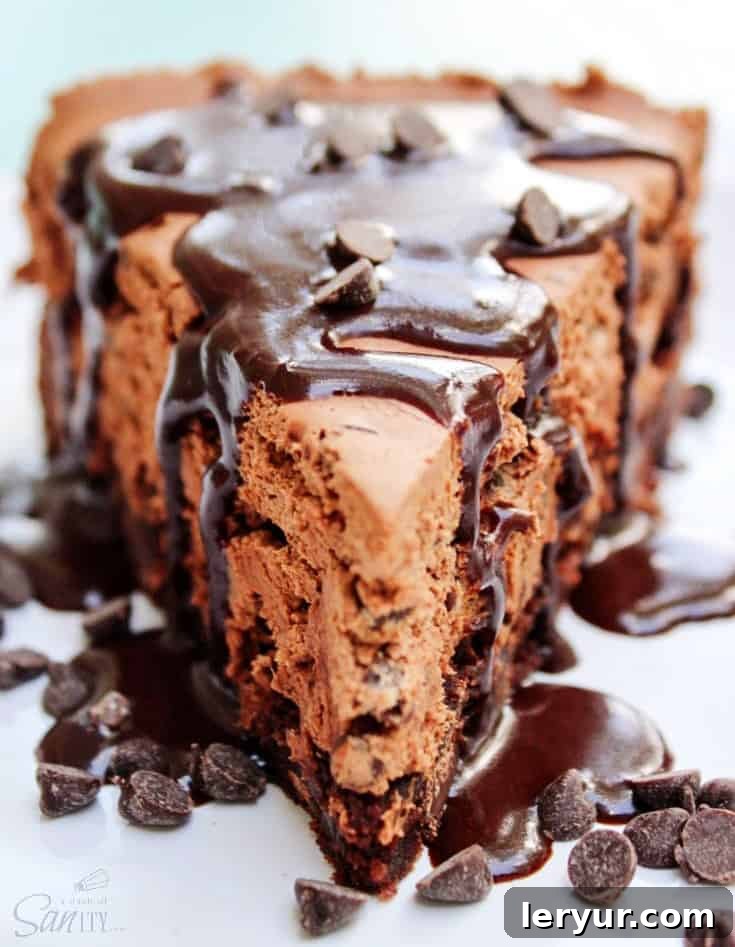 Decadent Fudge Brownie No-Bake Cheesecake, smothered with fudge sauce.