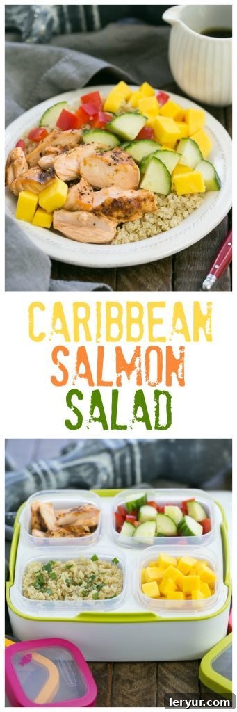 Tropical Salmon Quinoa Bowl 3 Caribbean Salmon Quinoa Salad | Perfectly portioned, healthy salad with quinoa, mangoes, jerk seasoned salmon and vegetables!