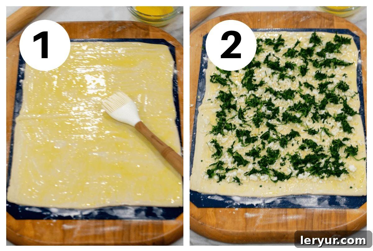 Golden Feta and Spinach Swirls 3 Two process shots showing the initial steps of making spinach feta pinwheels: 1) whisking egg wash and mixing filling ingredients; 2) spreading cheese and spinach on puff pastry.