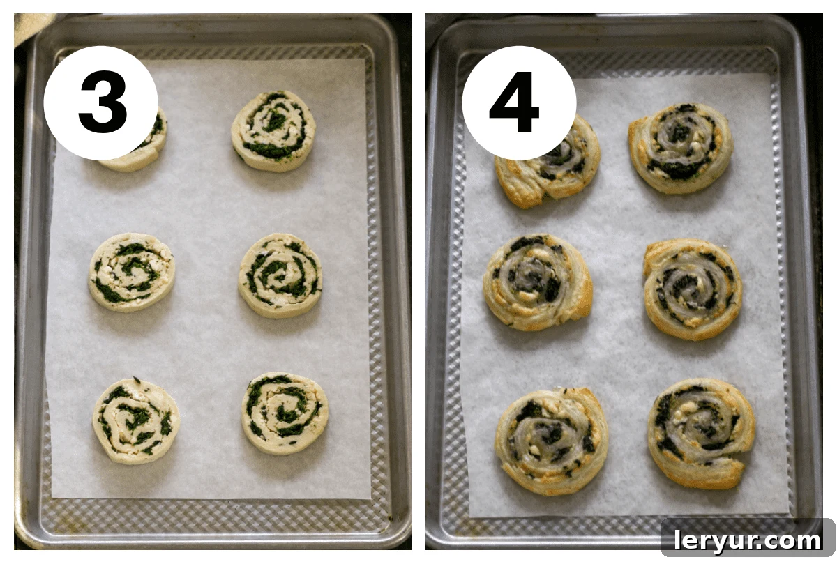 Golden Feta and Spinach Swirls 4 Two process shots showing the final steps of making spinach feta pinwheels: 3) rolling up the pastry and slicing; 4) baking until golden brown.
