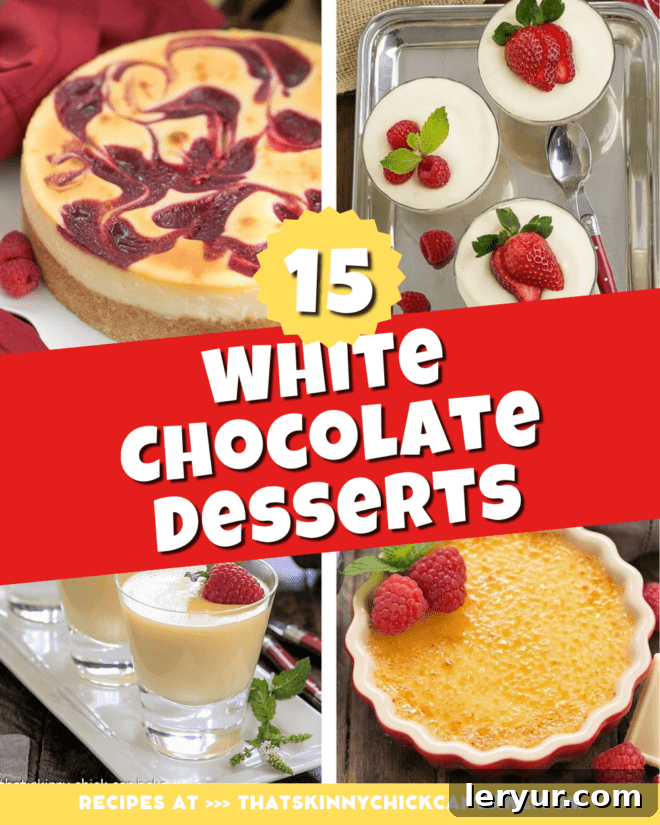 Favorite White Chocolate Recipes - a decadent collection of fabulous white chocolate dessert recipes! A collage of various white chocolate desserts including mousse, cheesecake, cookies, and popcorn, with a title overlay 'Favorite White Chocolate Recipes'.