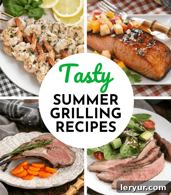Best Grilling Recipes collage with 4 photos and a round title text box, showcasing various grilled dishes like chicken kabobs, shrimp, corn, and fruit.