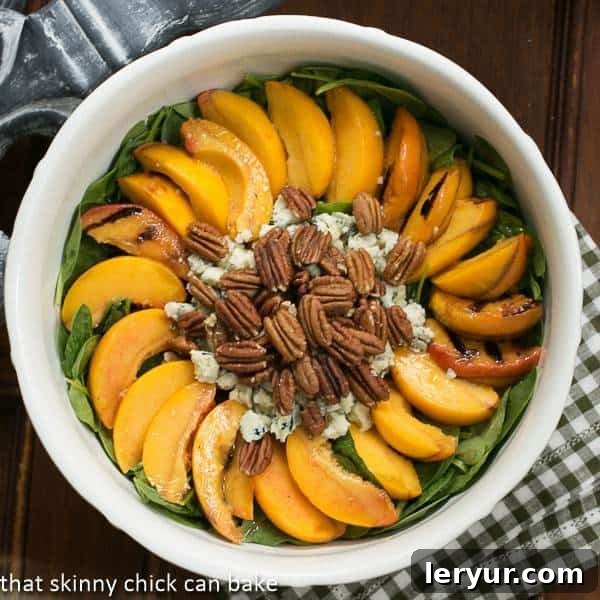 Spinach Salad with Grilled Peaches and Blue Cheese.