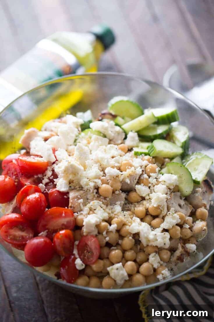 Chicken Souvlaki Pasta Salad, a Greek-inspired pasta salad with tender chicken, pasta, and traditional Greek salad ingredients.