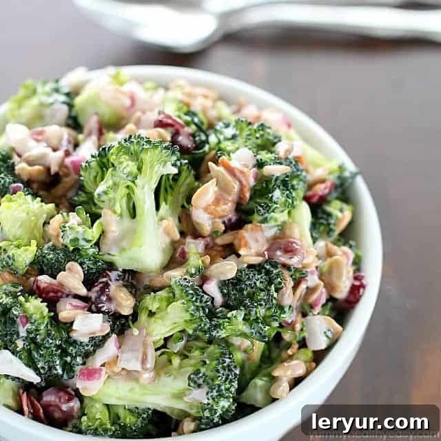 Creamy Broccoli Salad, a classic summer side dish with fresh broccoli florets, bacon, and a sweet creamy dressing.