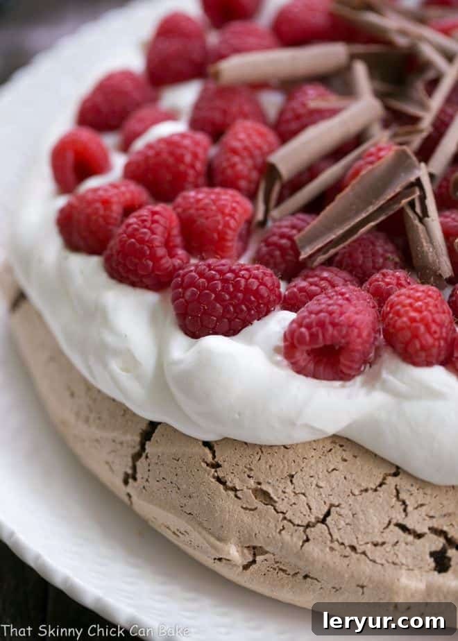 Close view of Chocolate Raspberry Pavlova on a white serving plate, showcasing its fluffy cream, fresh raspberries, and chocolate curls.