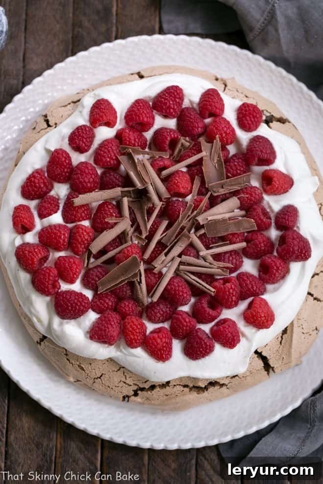 Overhead view of a beautifully presented Chocolate Raspberry Pavlova on a white ceramic plate, adorned with cream, raspberries, and chocolate.