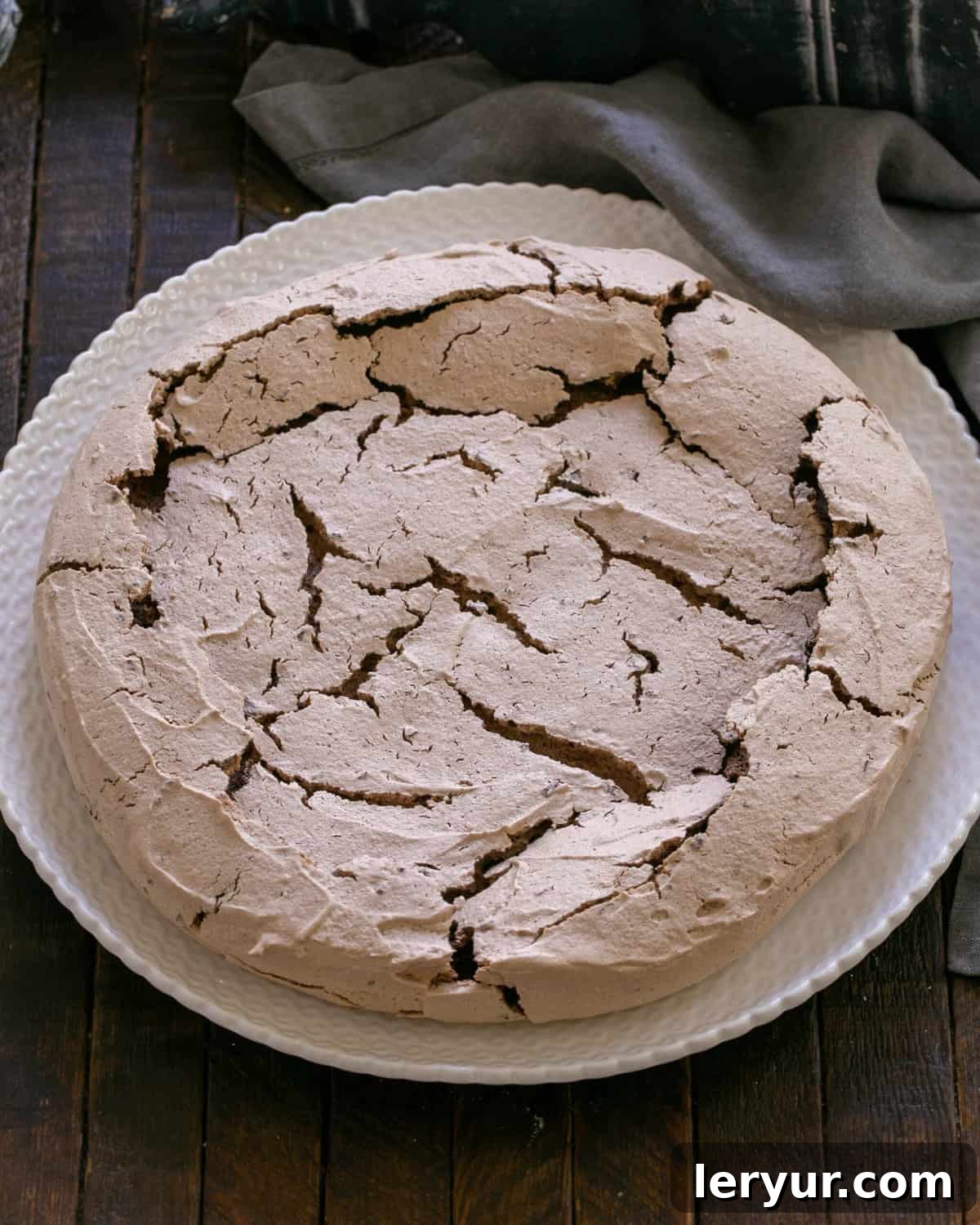 A baked chocolate pavlova shell cooling in the oven with the door ajar.
