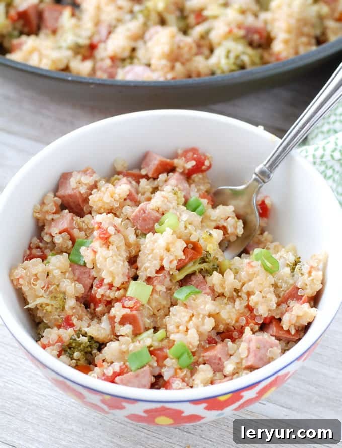 One Pan Cheesy Quinoa with Turkey Kielbasa