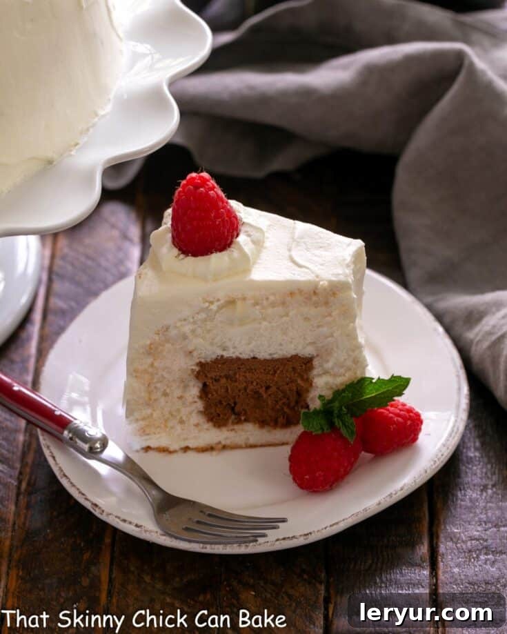 Slice of Mousse Filled Angel Food Cake on a white dessert plate.