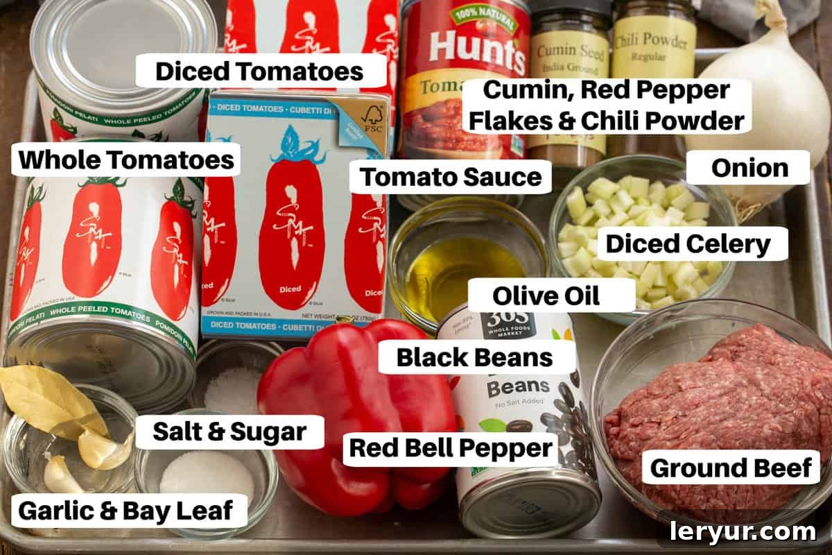 Black Bean Chili Ingredients with labels on a sheetpan.
