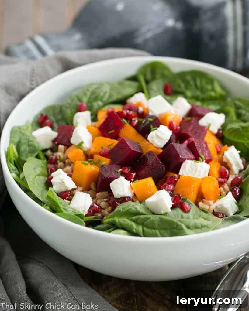 Warm Roasted Autumn Vegetable Salad with Maple Vinaigrette 2 Roasted Fall Vegetable Salad: A delicious blend of roasted beets, butternut squash, farro, spinach, and goat cheese, drizzled with maple balsamic vinaigrette.