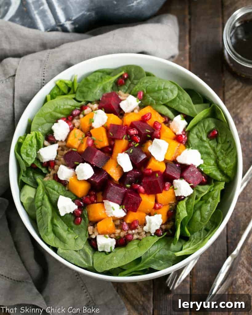 Warm Roasted Autumn Vegetable Salad with Maple Vinaigrette 4 Close-up of Roasted Fall Vegetable Salad showing the vibrant colors of beets, butternut squash, and spinach
