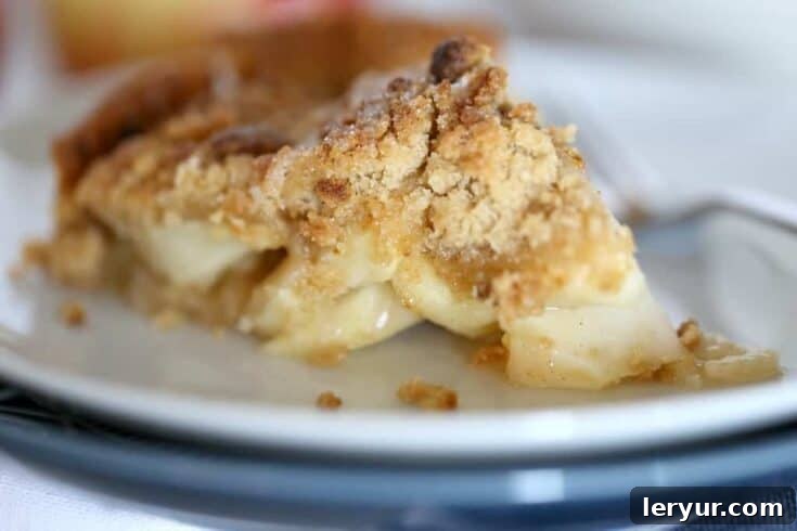 A whole Dutch Apple Pie with a crumbly streusel topping, baked in a glass pie dish.
