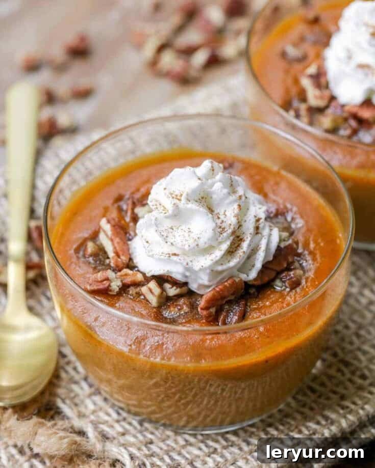 A bowl of Pumpkin Custard, rich and creamy, garnished with a sprinkle of spice.