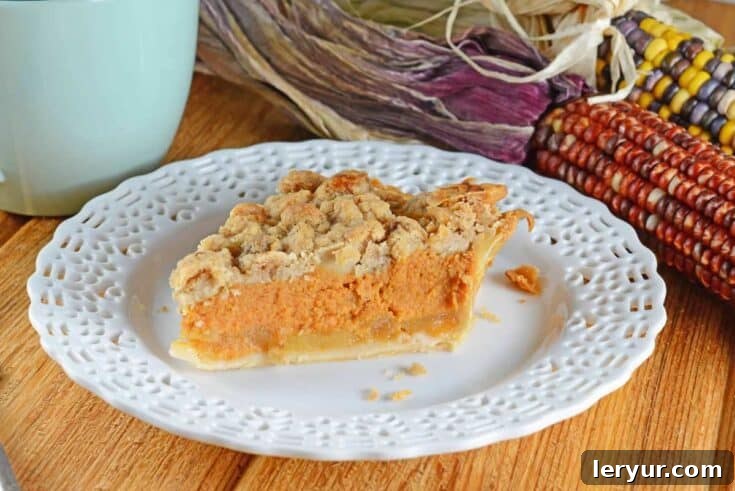 A whole Pumpkin Apple Pie with a pecan streusel crust, ready for serving.