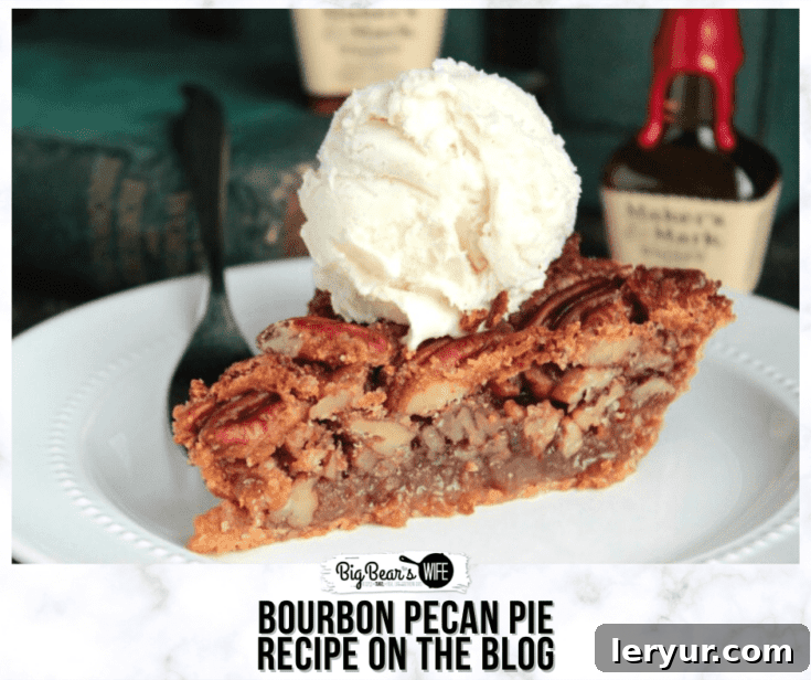 A slice of Bourbon Pecan Pie with a rich, glossy filling and whole pecans on top.