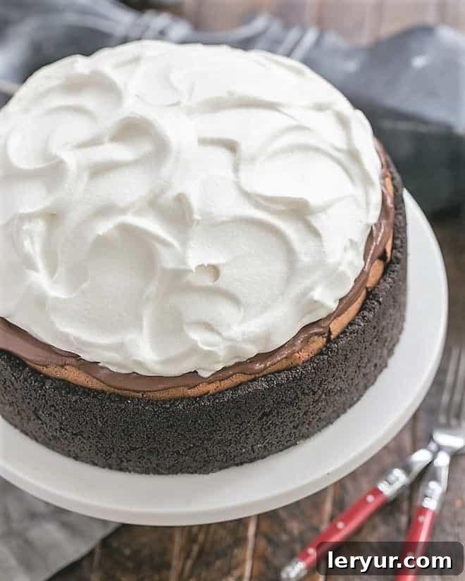 Overhead view of a beautiful, layered Oreo Mud Pie on an elegant white cake stand.
