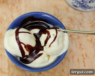Dreamy Marshmallow Ice Cream 5 An inviting overhead shot of a blue bowl filled with delightful marshmallow ice cream, generously topped with a decadent hot fudge sauce, creating a perfect dessert.