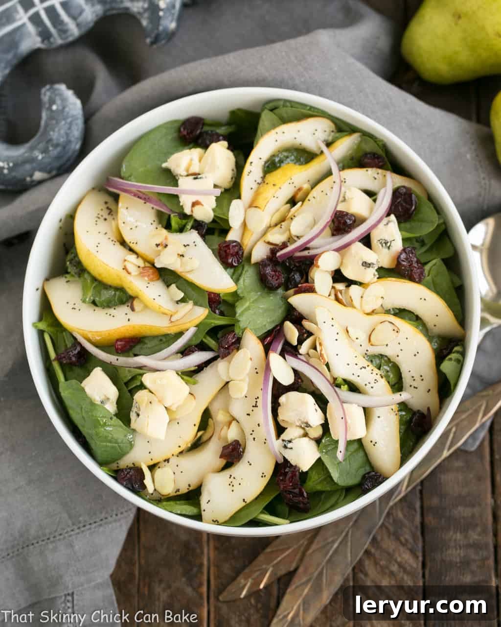 Gourmet Pear Cranberry and Blue Cheese Salad 3 Spinach Pear Salad with Cranberries and Blue Cheese | A terrific autumn or winter salad with an out of this world salad dressing!