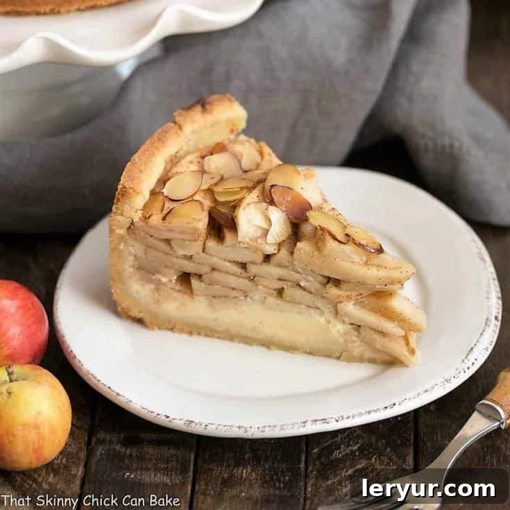 Cream Cheese Apple Torte on a round white dessert plate, ready to be served.