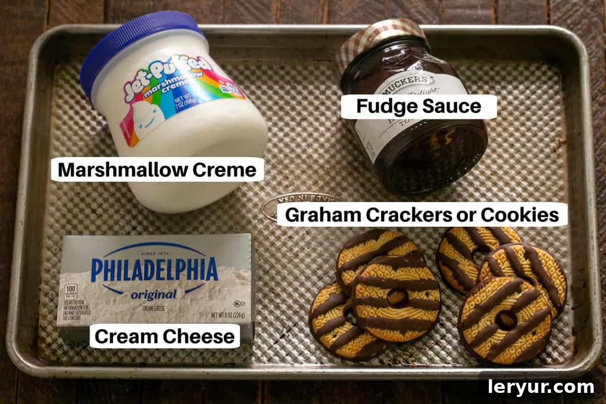 S'mores Dip Ingredients with labels on a sheet pan.