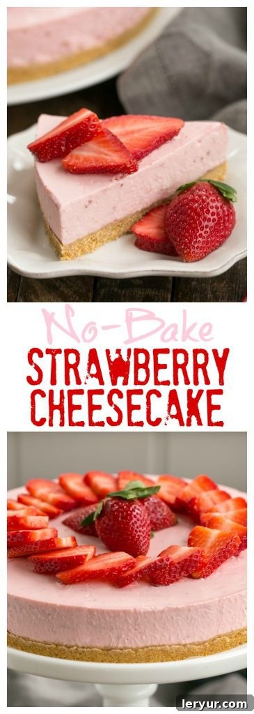 A beautifully presented No-Bake Strawberry Cheesecake with luscious, ripe fresh berries, emphasizing its appeal without needing an oven.
