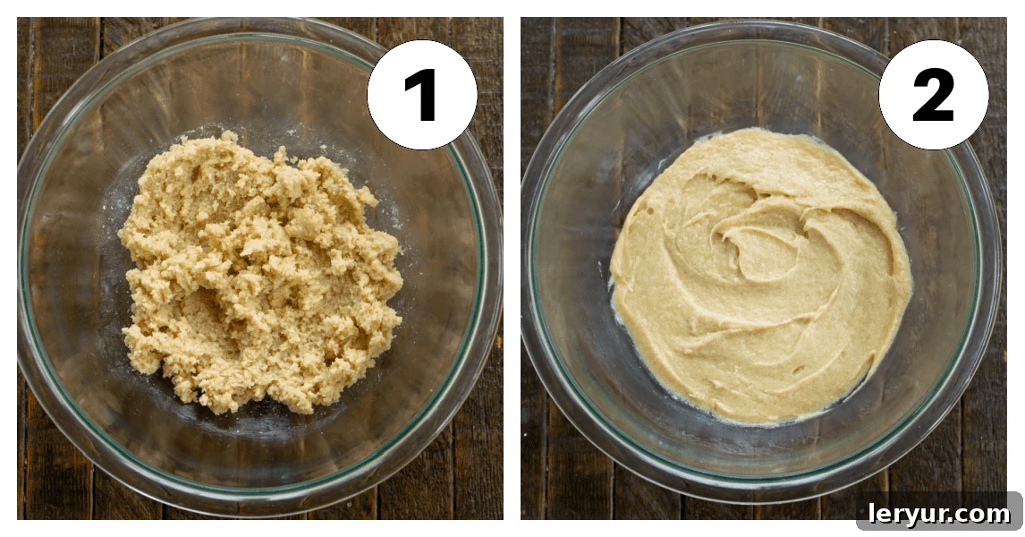 Perfectly Chewy Coconut Treats 4 Two process shots showing the initial steps of making coconut cookies: creaming butter and sugars, and then adding the egg.