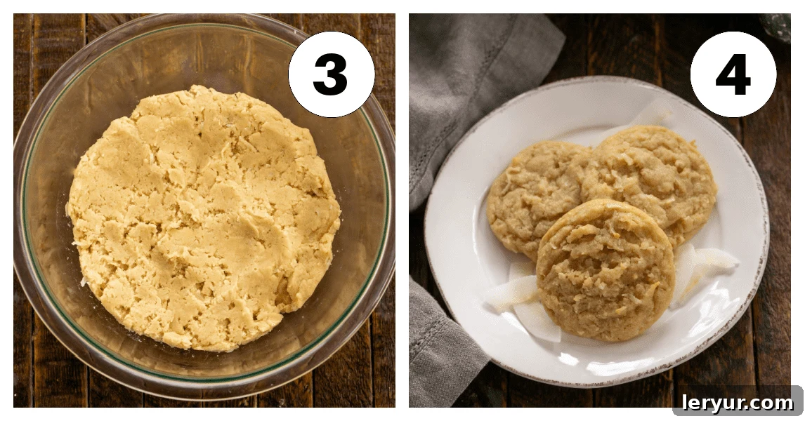 Perfectly Chewy Coconut Treats 5 Two process shots showing the final steps of making coconut cookies: adding dry ingredients and coconut, then scooping dough onto a baking sheet.