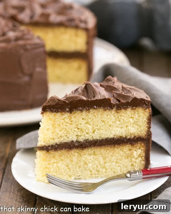 Perfect Yellow Cake Recipe with Chocolate Buttercream - An exquisite, tender yellow cake topped with dreamy chocolate frosting! Perfect Yellow Cake Recipe with Chocolate Buttercream - an exquisite, tender yellow cake topped with dreamy chocolate frosting, presented beautifully on a cake stand.