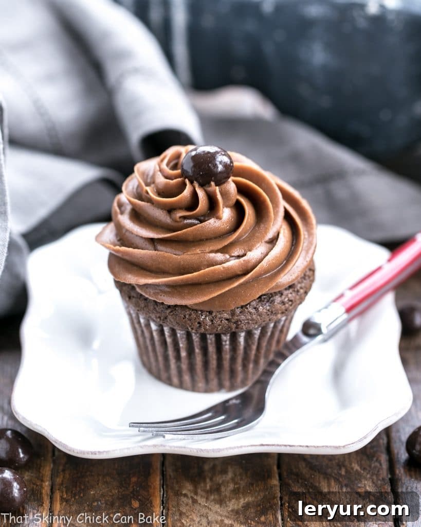 Frosted Chocolate Mocha Cupcakes - Moist, decadent chocolate cupcakes and creamy chocolate buttercream intensified with coffee! Single frosted chocolate mocha cupcake, beautifully piped