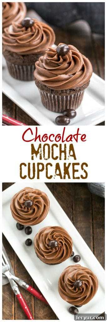 Frosted Chocolate Mocha Cupcakes - Moist, decadent chocolate cupcakes and creamy chocolate buttercream intensified with coffee! Frosted Chocolate Mocha Cupcakes Pinterest collage with multiple images