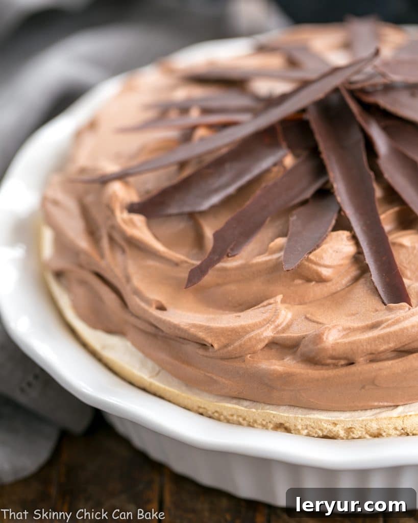 Rich Chocolate Velvet Pie in a classic white pie plate, showcasing its decadent chocolate filling and crisp meringue crust.