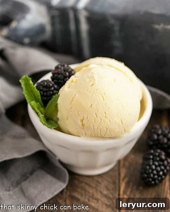 Creamy White Chocolate Ice Cream in a pristine white bowl, garnished with juicy blackberries and fresh mint leaves.