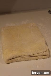 Homemade Puff pastry for pinwheel appetizers The final fold of homemade puff pastry, compactly prepared and ready for chilling before use in the pinwheel recipe.