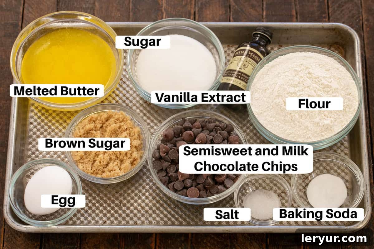 Individual ingredients for Double Chocolate Chip Cookies, neatly labeled on a metal sheet pan.