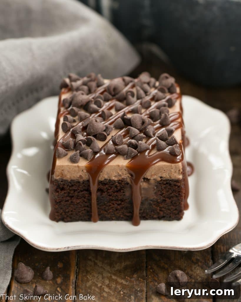 Chocolate Kahlua Poke Cake: A tender, moist chocolate cake is infused with a rich Kahlua spiked custard and topped with chocolate whipped cream. A perfectly sliced piece of Chocolate Kahlua Poke Cake on a small white plate, garnished with chocolate shavings and a mint leaf.