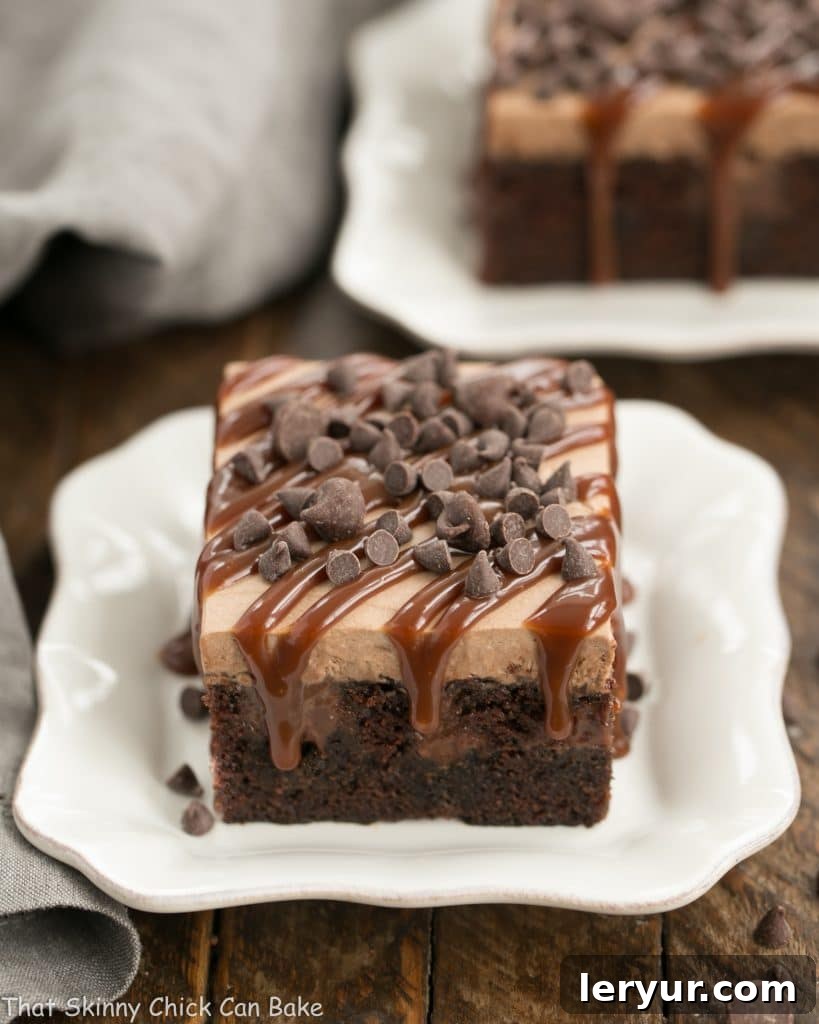 Chocolate Kahlua Poke Cake - A tender, moist chocolate cake recipe is infused with a rich Kahlua spiked custard and topped with chocolate whipped cream. Two generous slices of Chocolate Kahlua Poke Cake showing the distinct layers of cake, Kahlua infusion, and chocolate whipped cream topping.