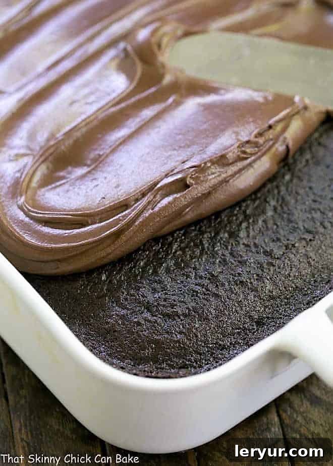 Black Magic Snack Cake - an old fashioned chocolate buttermilk cake with chocolate buttercream Black Magic Snack Cake in a white 9 x 13-inch pan, half-frosted with chocolate buttercream, ready for its finishing touches.