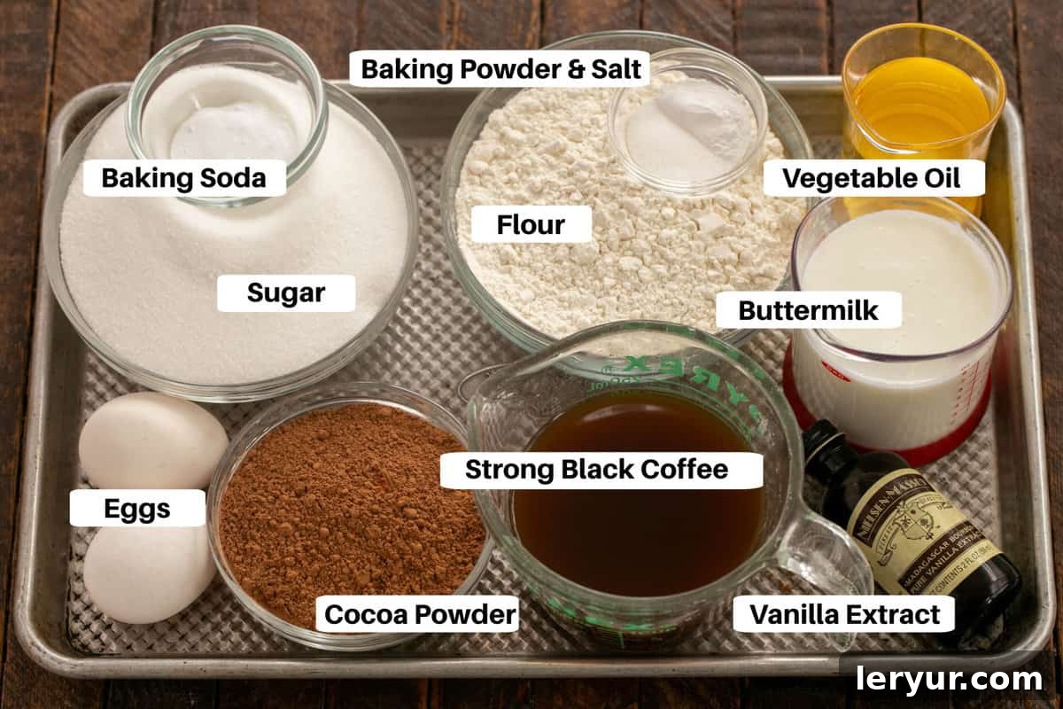 Velvet Night Snack Cakes 2 A curated selection of dry ingredients for Black Magic Cake, including sugar, flour, cocoa, baking soda, baking powder, and salt, artfully arranged on a sheet pan with labels.