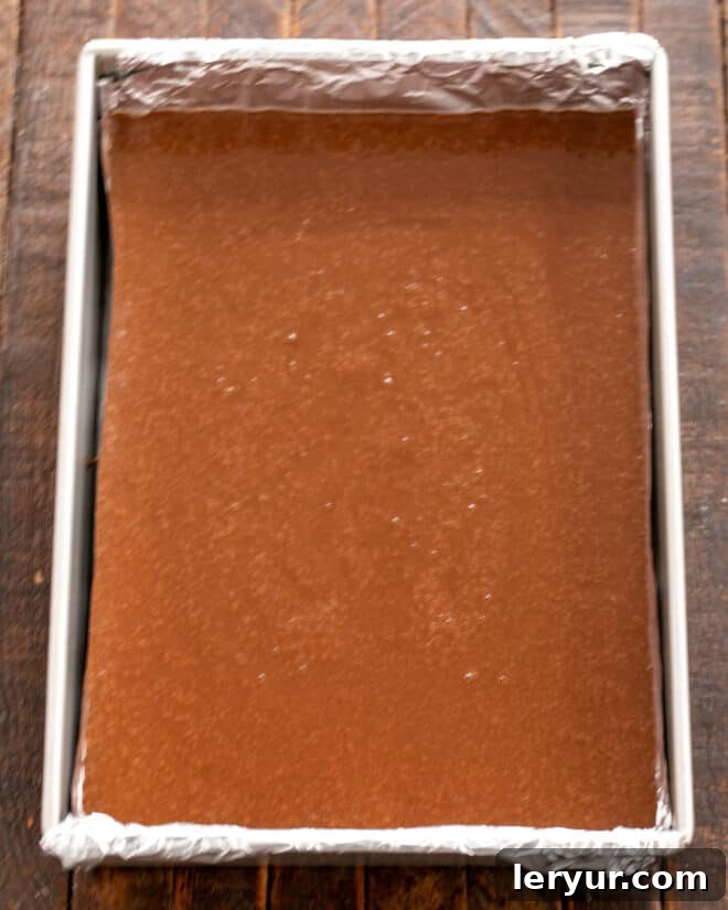 Velvet Night Snack Cakes 7 Black Magic Snack Cake batter being poured into a prepared 9x13 inch baking pan, ensuring even distribution for baking.