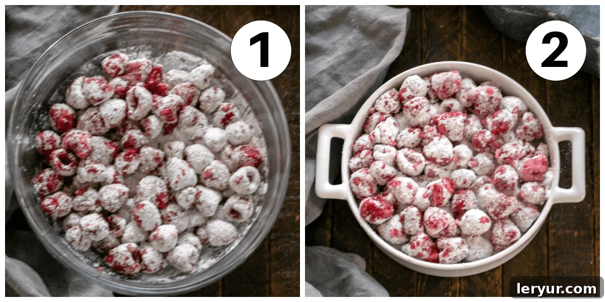 Numbered process shots of raspberry crisp preparation, showing steps 1 and 2.