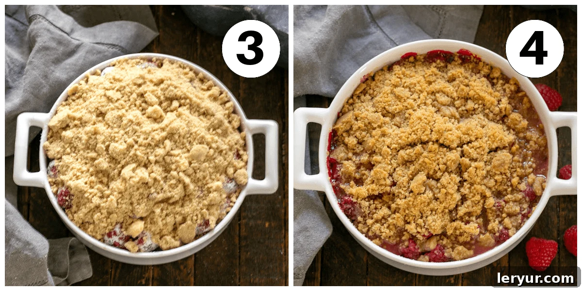 Process shots showing steps 3 and 4 for raspberry crisp creation.