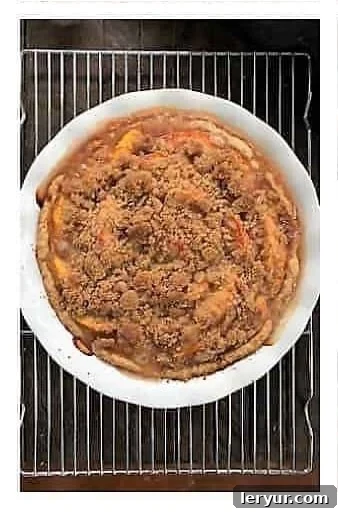 Peach Crumb Pie Step 6: The baked pie, golden brown and bubbly.