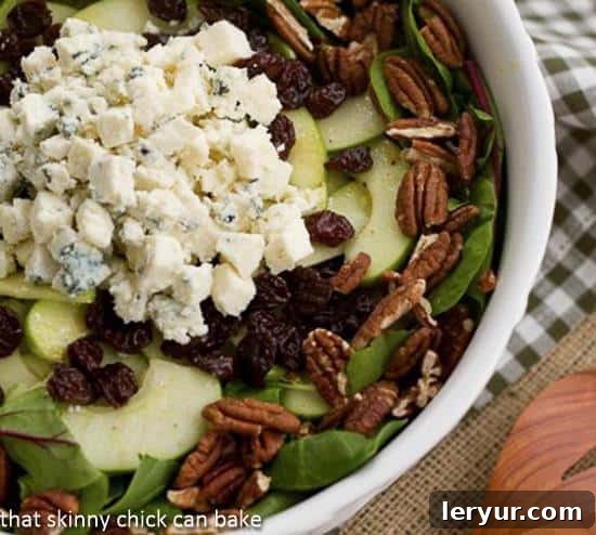 A vibrant Winter Salad with Apples, Pecans, Blue Cheese and Dried Cherries, making you forget the absence of summer produce.