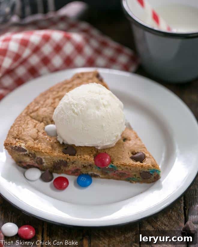 Patriotic Skillet Cake with red, white, and blue M&M's